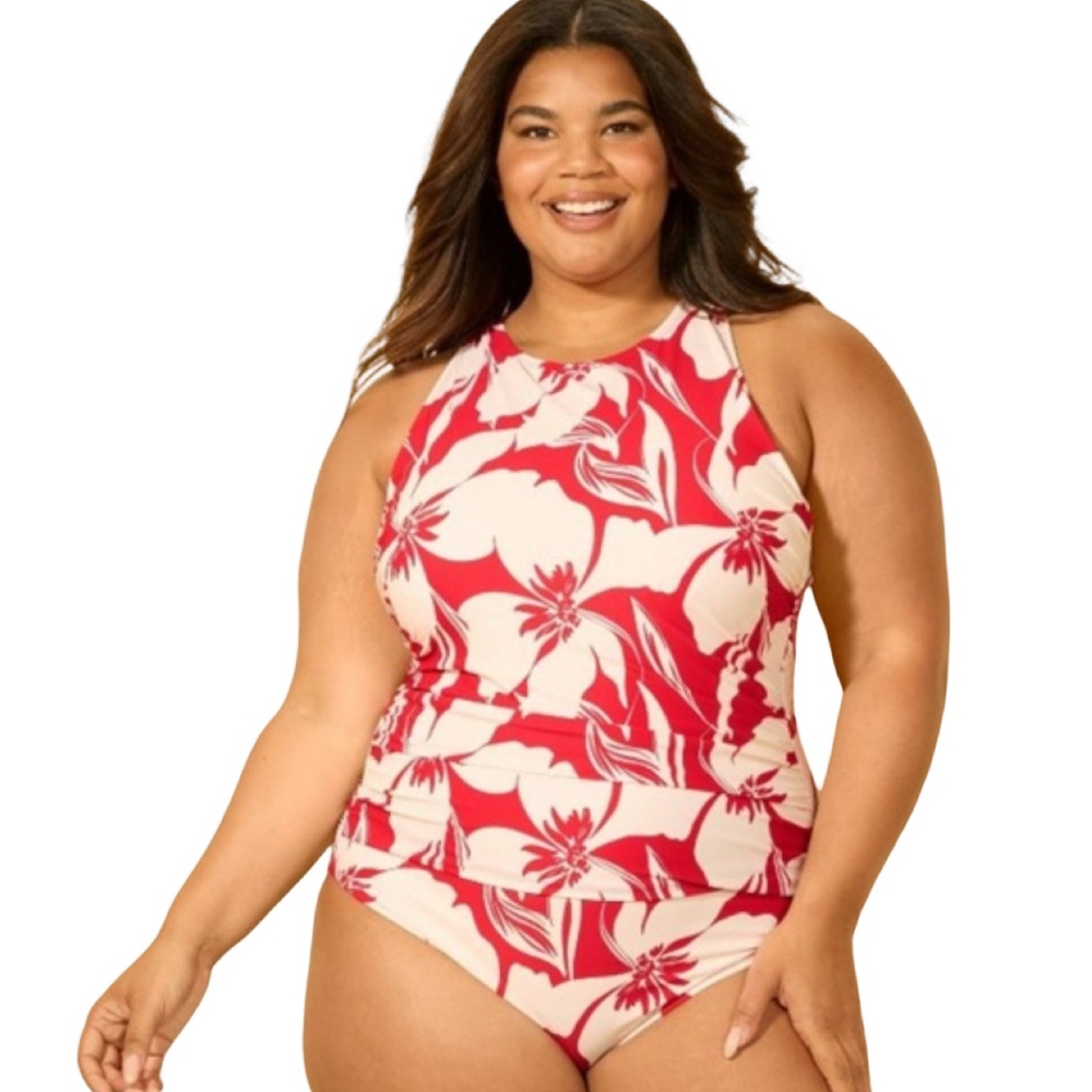 Shade & Shore Red and Cream Floral High-Neck One-Piece Swimsuit